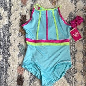 Justice Kids One-Piece Dance & Gym Suit - Blue and Pink with Neon Accents